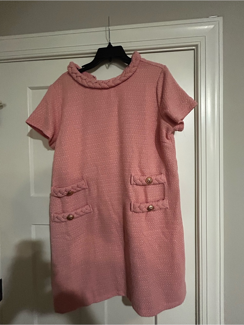 Girls' Pink Braided Collar Pocket Dress